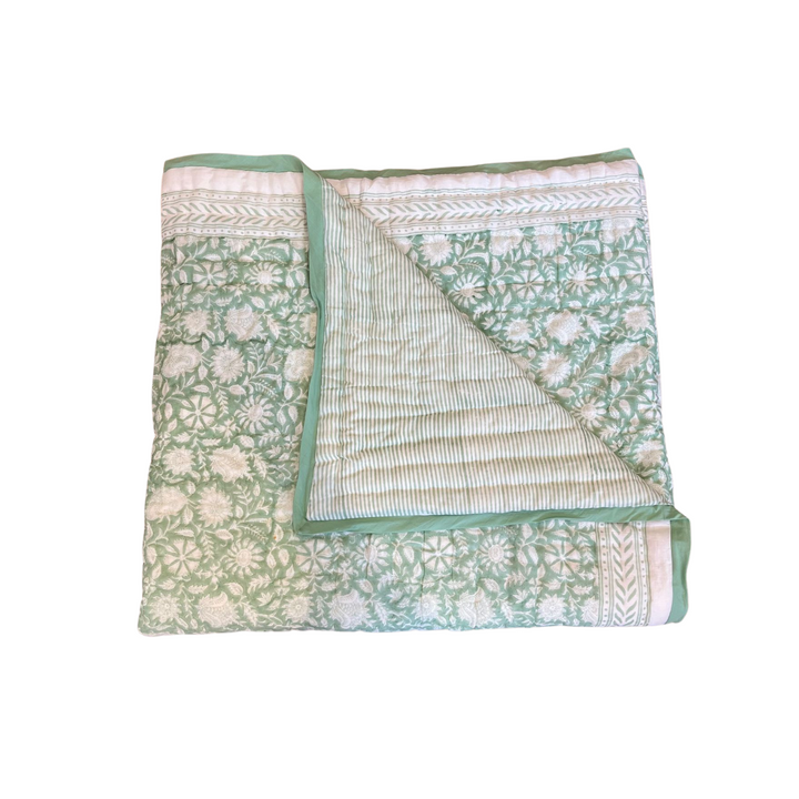 Matcha Green Narayan hand-block printed quilt