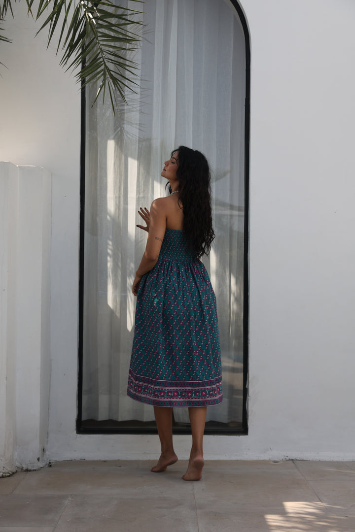 Kaya Smocked Waistband Skirt in Teal and Magenta - Dilli Grey