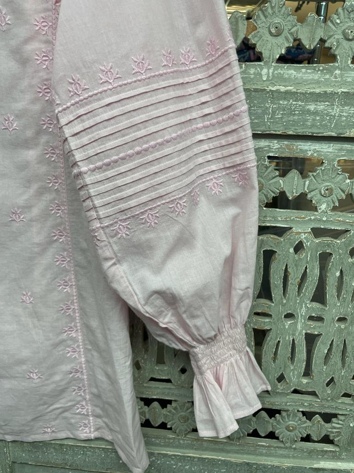 Sample 99 NO RETURNS - pale pink frill detail top with embroidery size 10