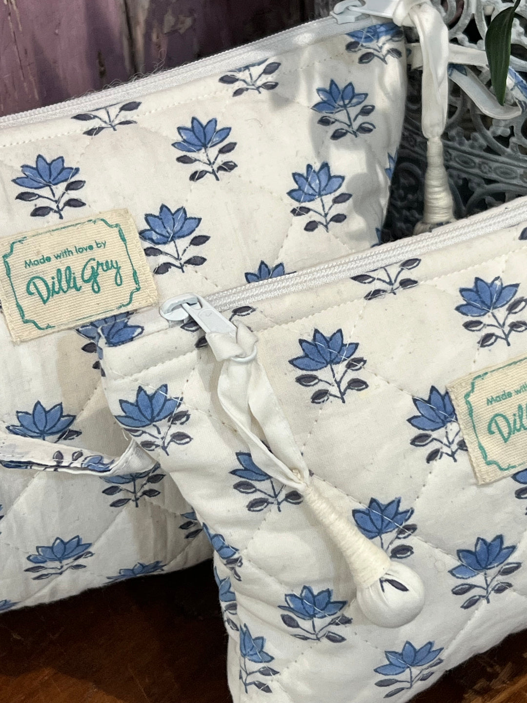 Sky blue lotus quilted pouch set