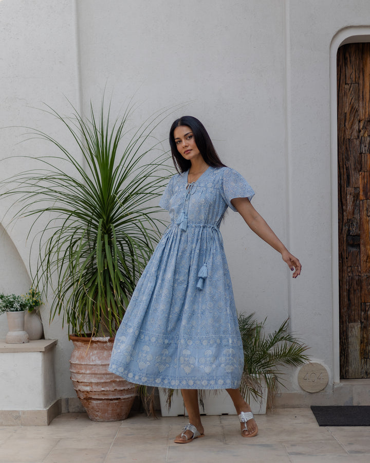 Fifi Flutter Sleeve Midi Dress in Dusty Blue - Dilli Grey