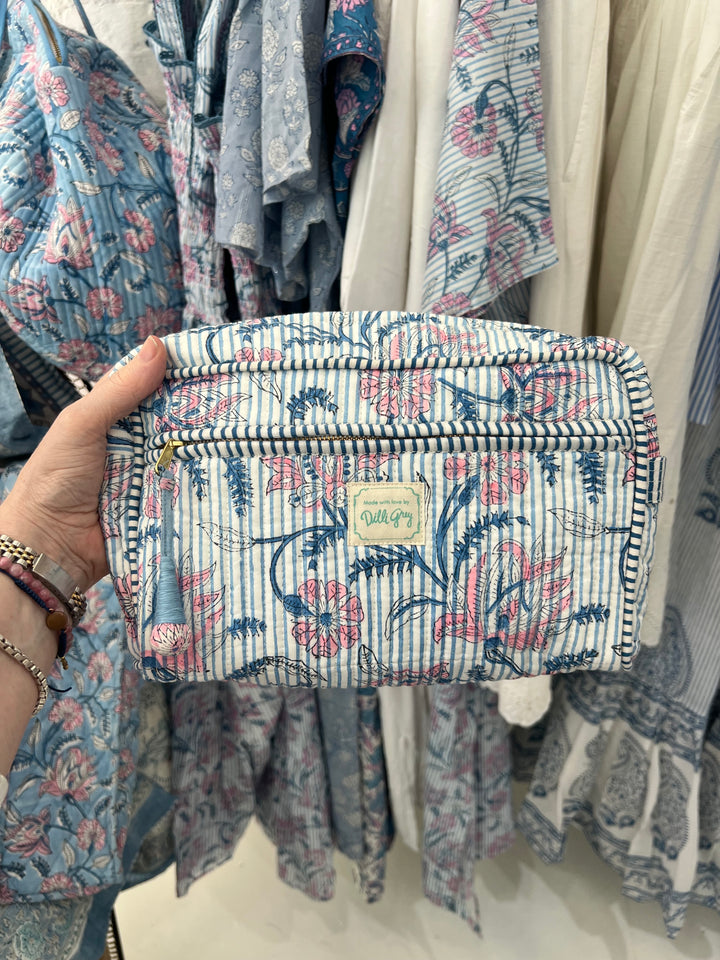 Champaca Double Zip Wash Bag In Dusty Blue & Pink