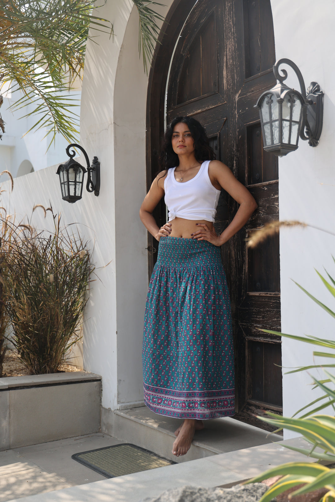 Kaya Smocked Waistband Skirt in Teal and Magenta - Dilli Grey