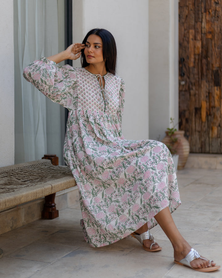Farah Midi Dress in White & Sage - Dilli Grey