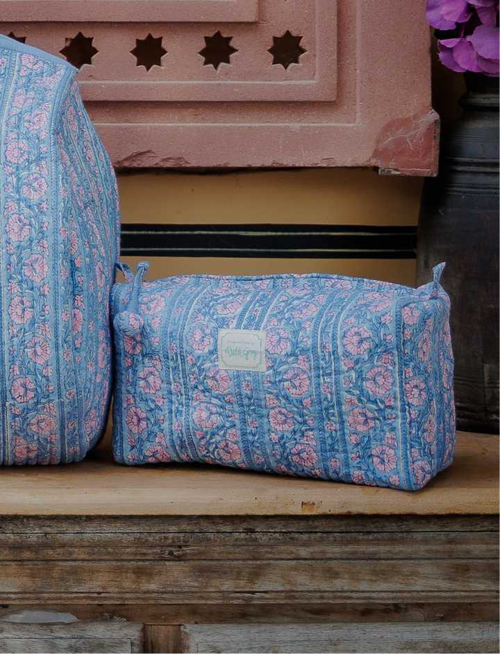 Border Stripe Washbag in Dusty Blue & Lavender