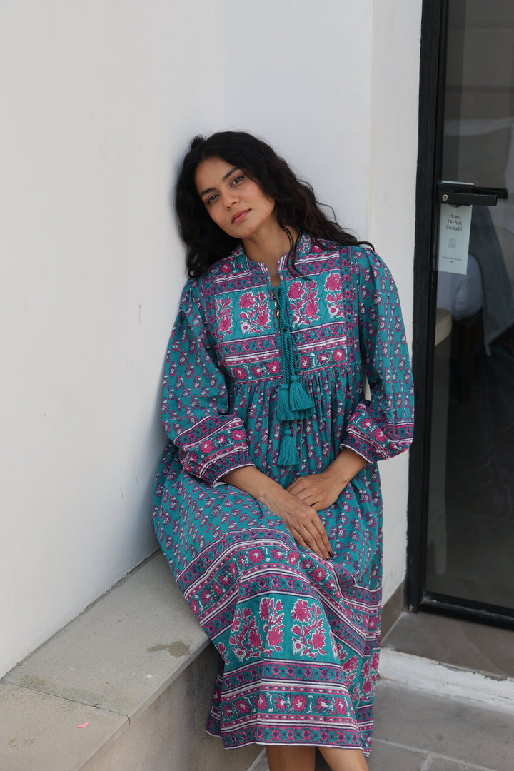Priya Midi Dress In Teal and Magenta - Dilli Grey