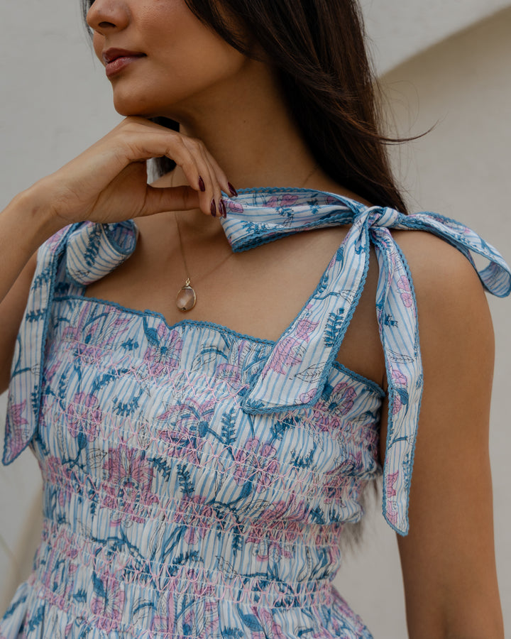 Yasmin Smocked Sundress in dusty blue and pink - Dilli Grey