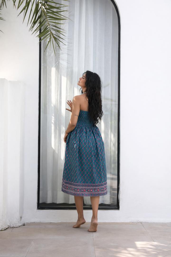 Kaya Smocked Waistband Skirt in Teal and Magenta - Dilli Grey