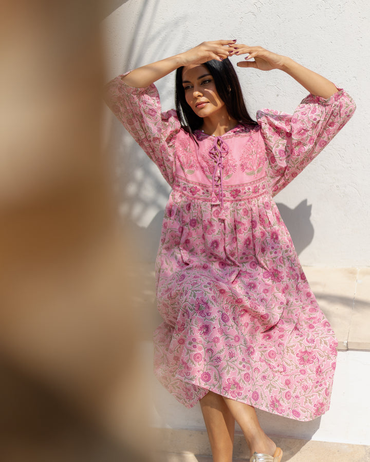 Farah Midi Dress in Jaipur Pink and Sage - Dilli Grey