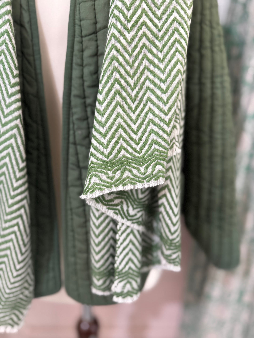 Cashmere chevron scarf in off white and tulsi green