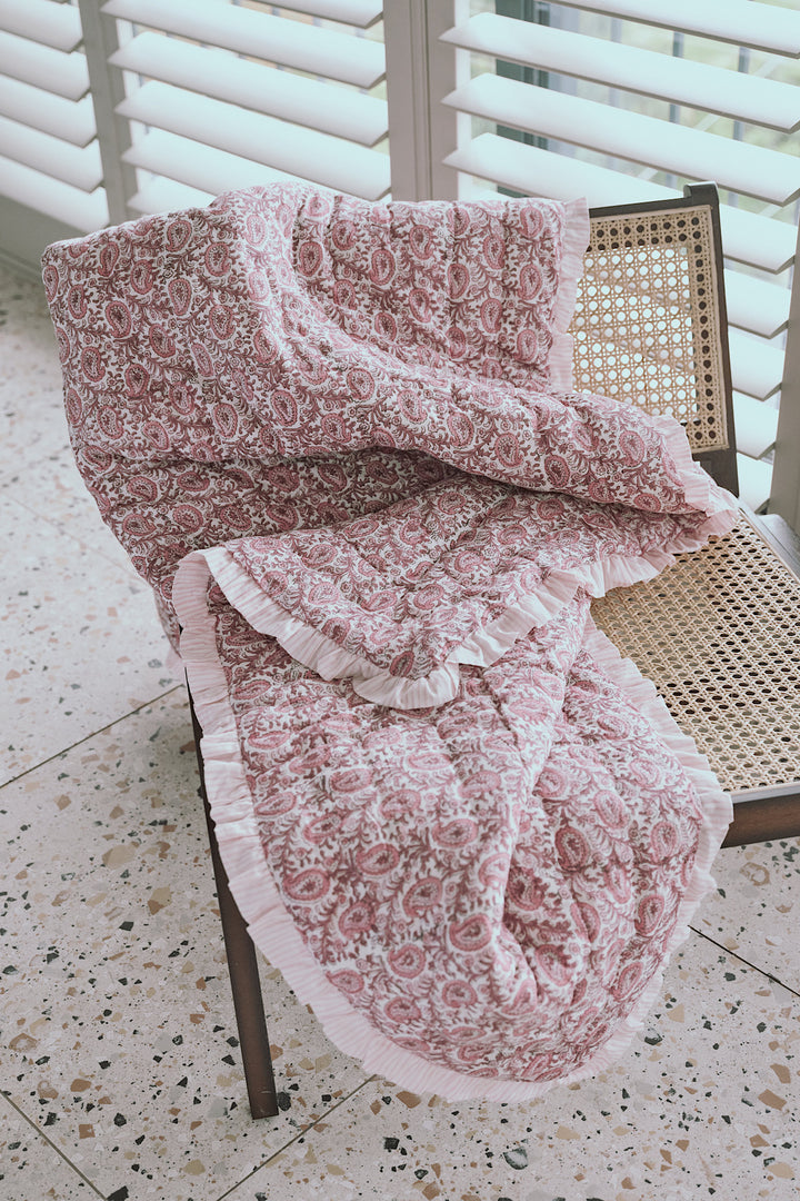 Paisley Ruffle Quilted Throw in Desert Rose