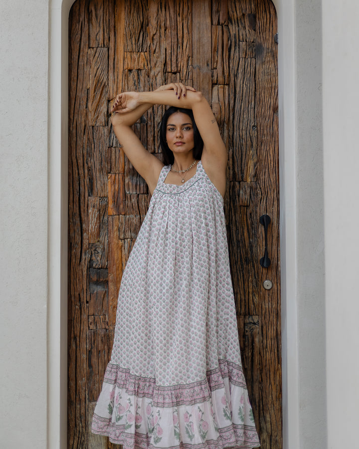 Kaya Maxi Sundress in White & Sage - Dilli Grey