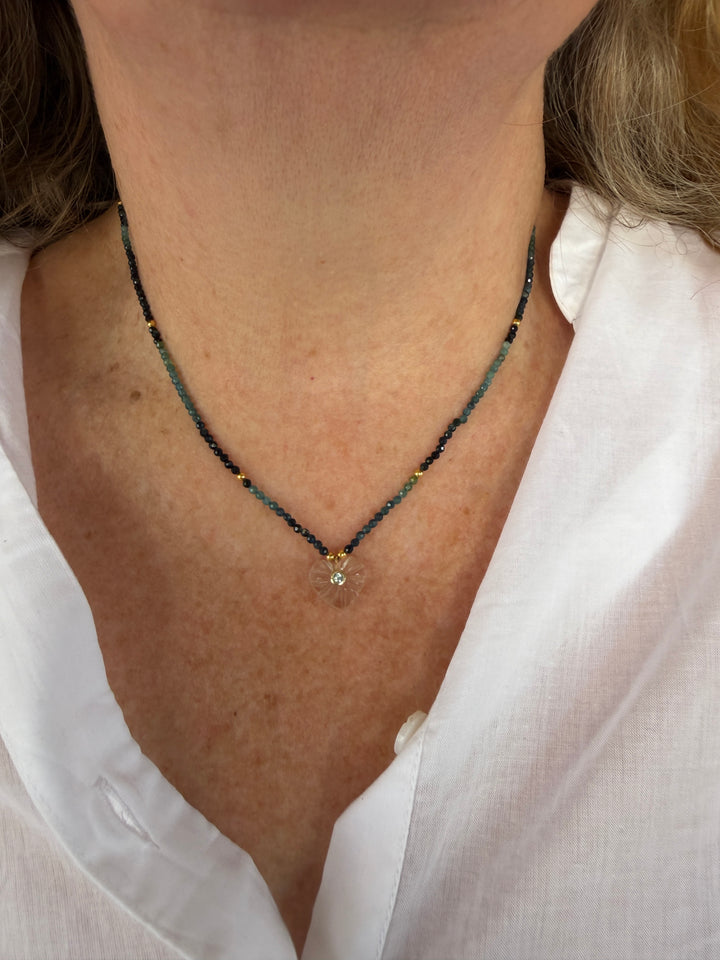 Jaipur Carved Heart Necklace in Crystal & Green Tourmaline  - SHIPS 9TH SEPTEMBER