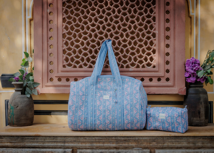 Border Stripe Washbag in Dusty Blue & Lavender