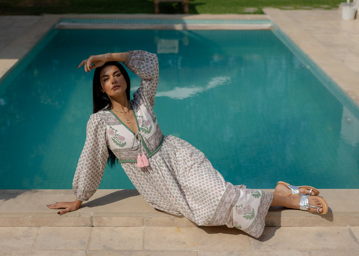 Jackie midi dress in white and sage - Dilli Grey