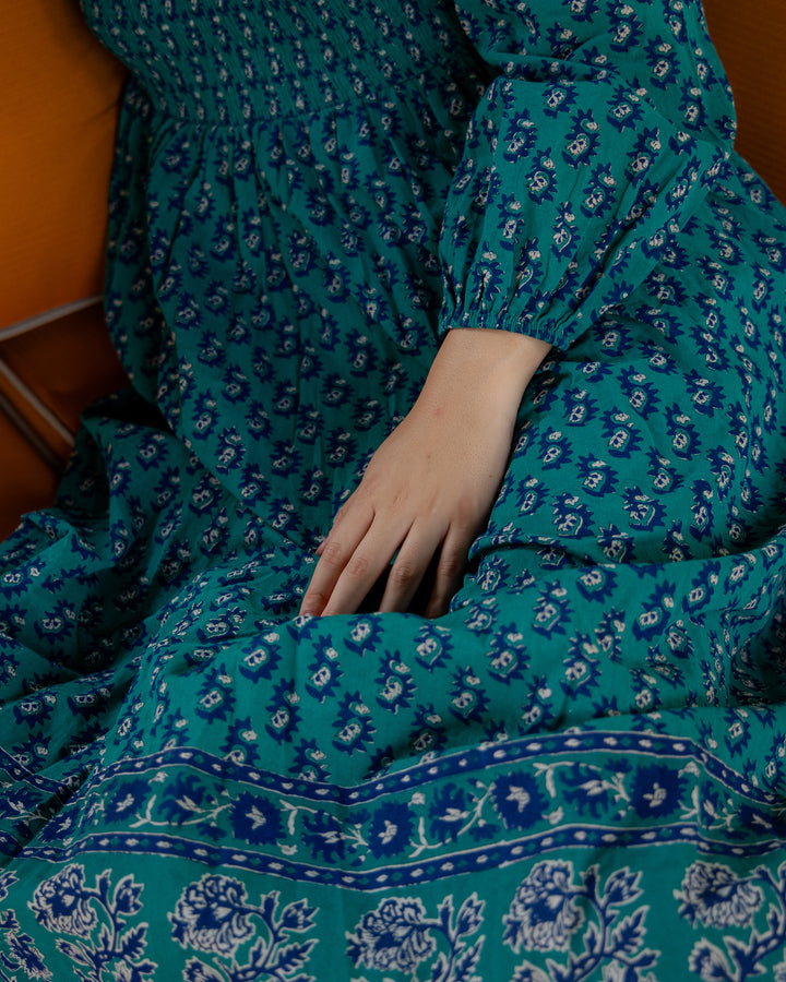 Belle Smocked Hand-Block Printed Midi Dress in Teal - delivery beg Nov