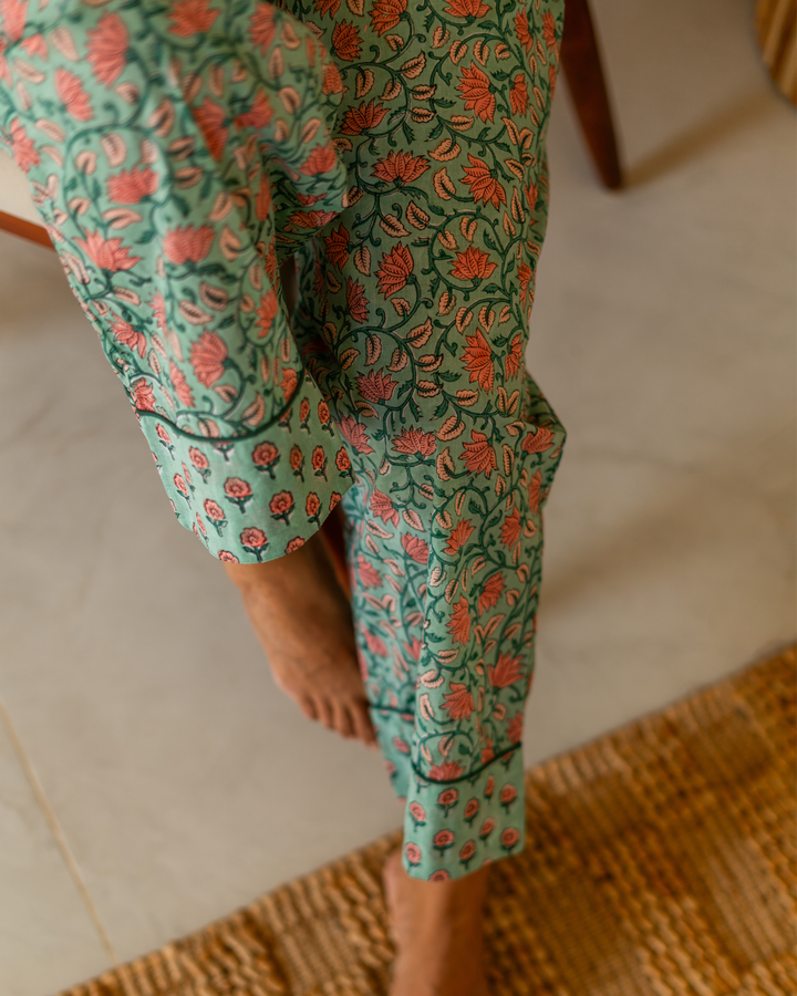 Indira Jaal Long Sleeve PJ set in Jade & Peach - Dilli Grey