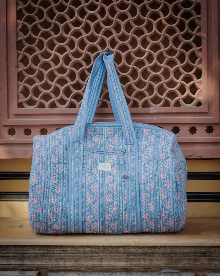 Border Stripe Quilted Weekend Bag in Dusty Blue and Lavender