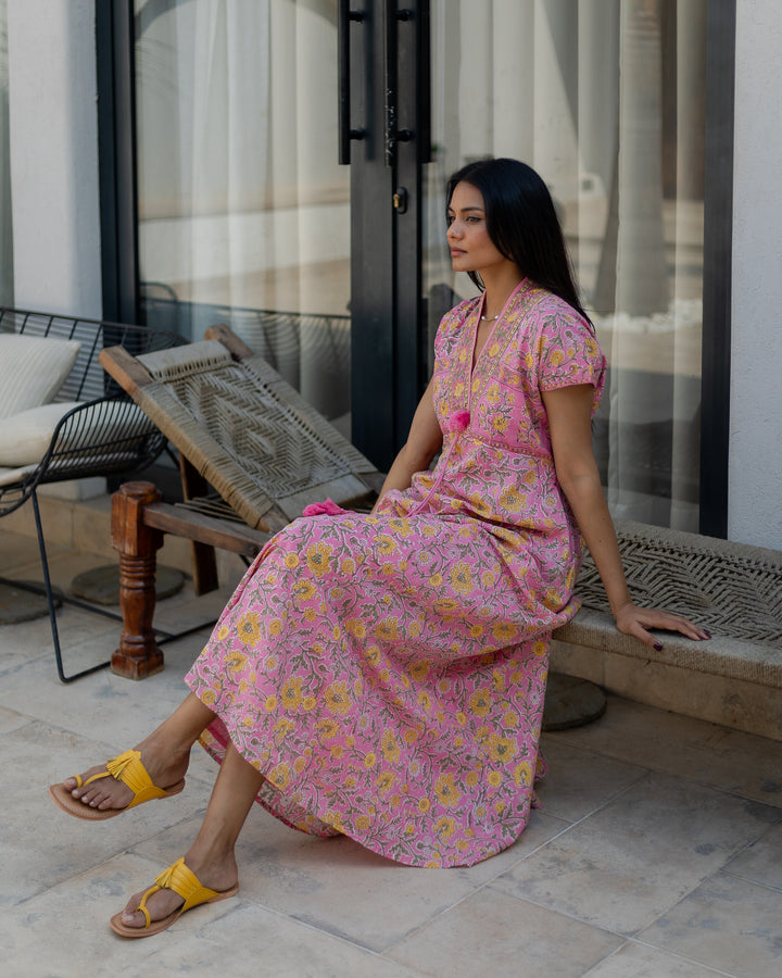 Riti Panelled Maxi Dress in Jaipur Pink and Yellow - Dilli Grey