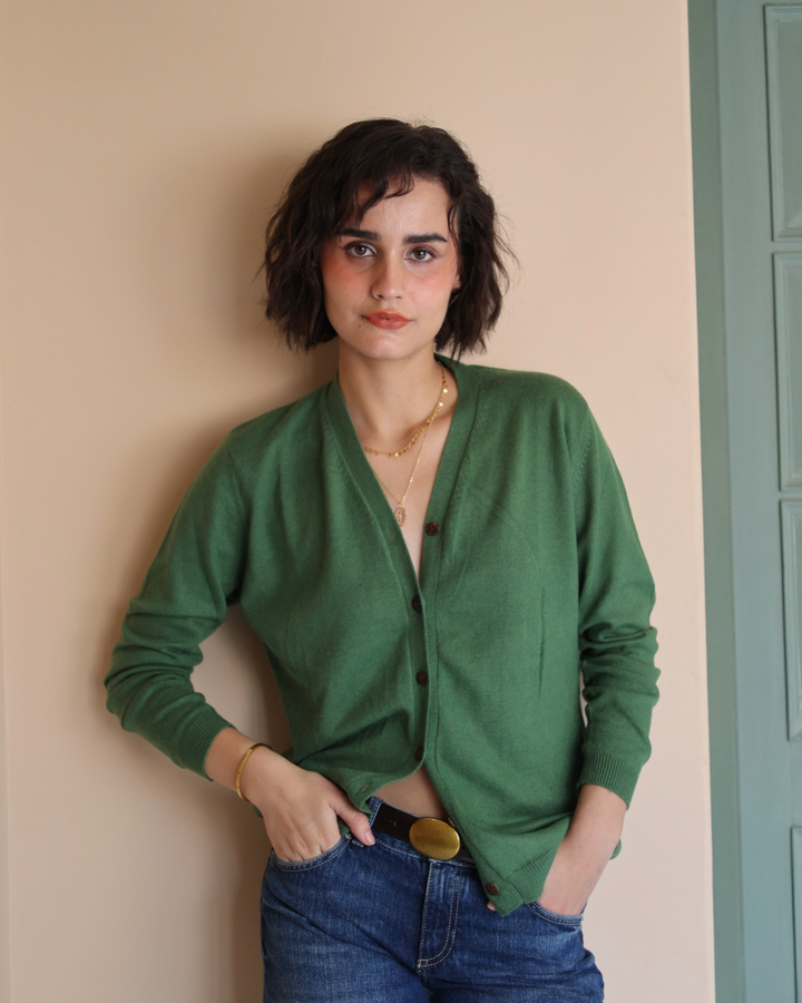 Wool Cashmere Skinny Knit Cardigan in Tulsi Green
