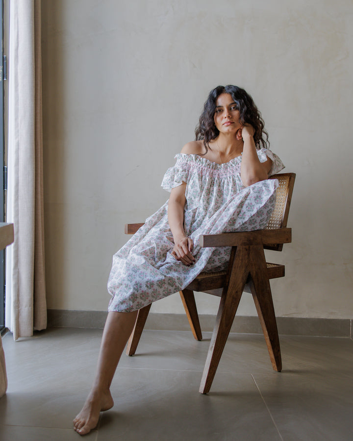 Mogra Smocked Nightie in White and Sage - Dilli Grey