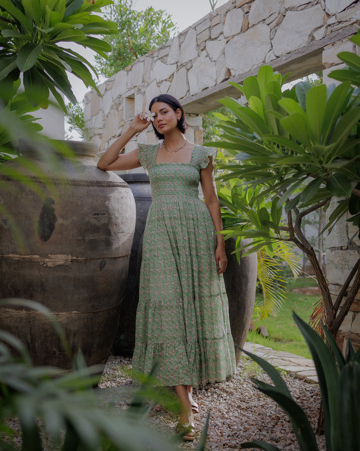 Tara Smocked Dress in sage green and pink - Dilli Grey