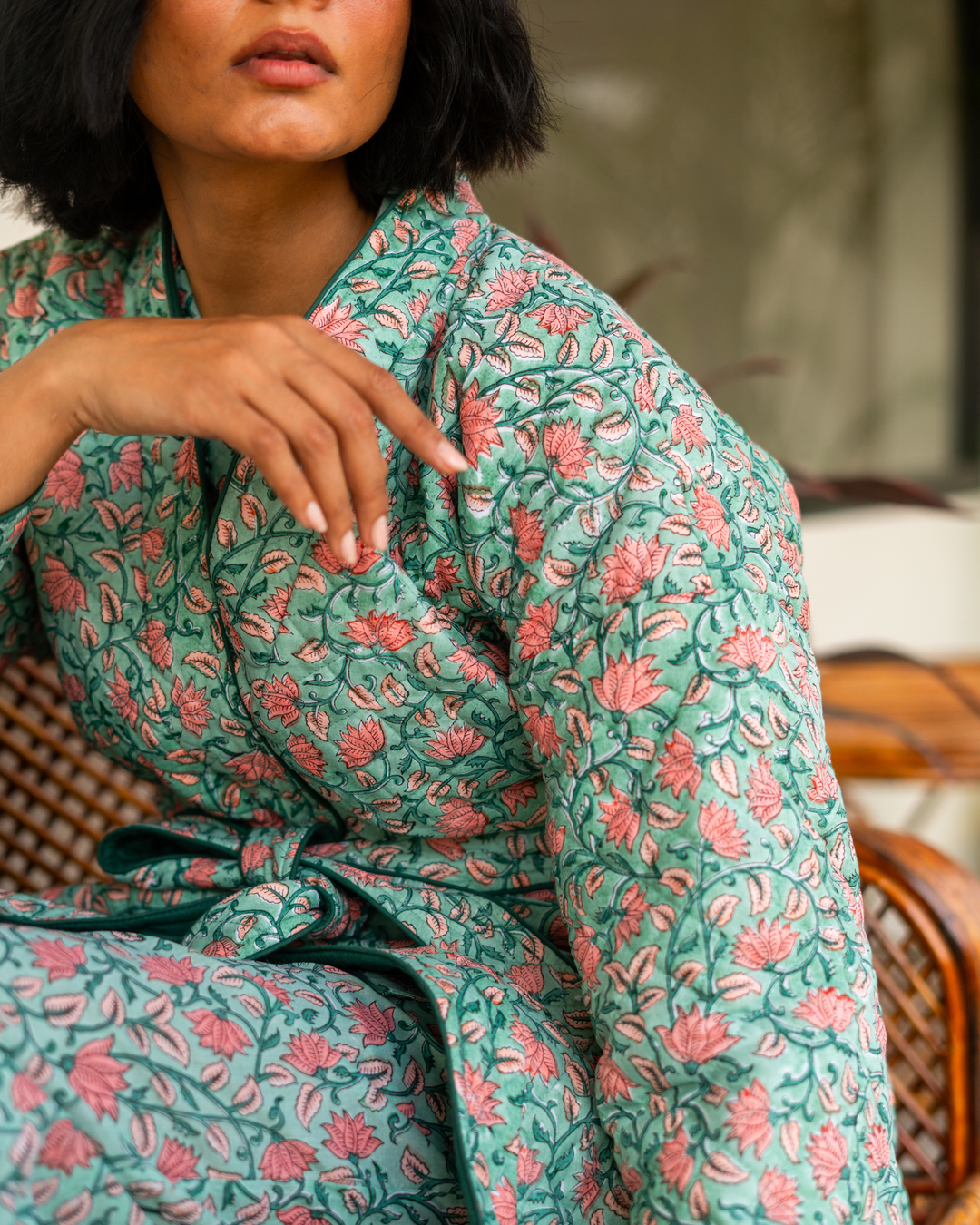 Indira Jaal Quilted Robe in Jade - Dilli Grey