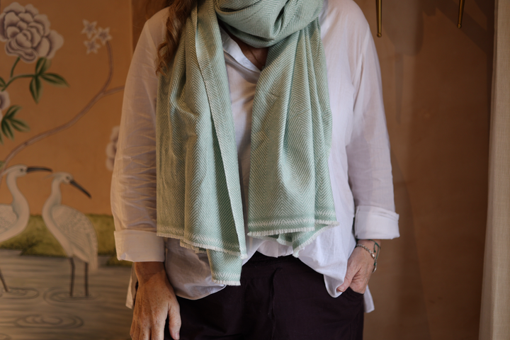 Cashmere chevron scarf in Soft Mint & Off White