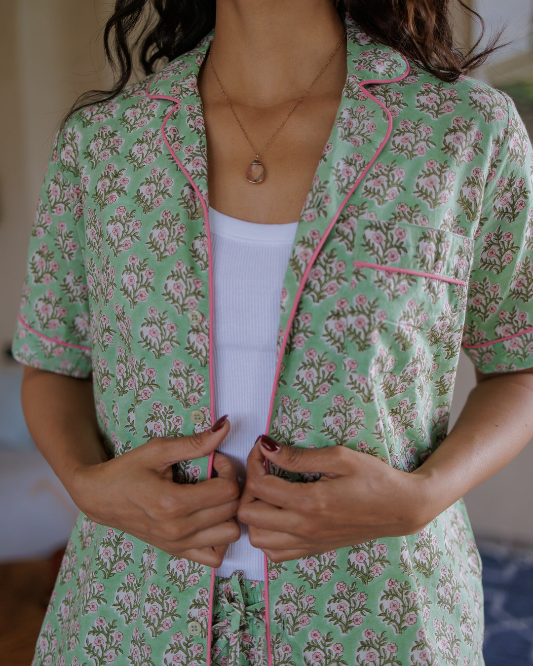 Mogra Shorts PJ set in Sage Green and Pink - Dilli Grey