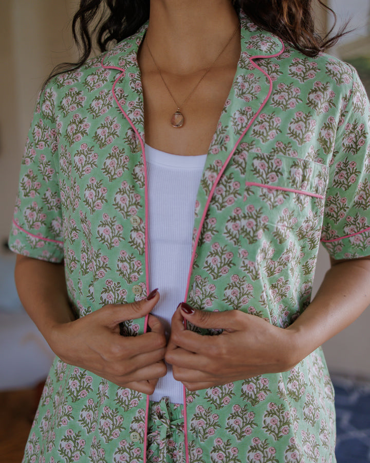 Mogra Shorts PJ set in Sage Green and Pink - Dilli Grey