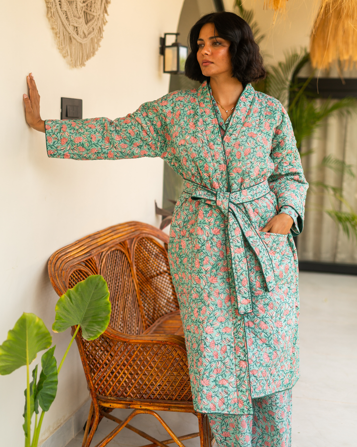 Indira Jaal Quilted Robe in Jade - Dilli Grey