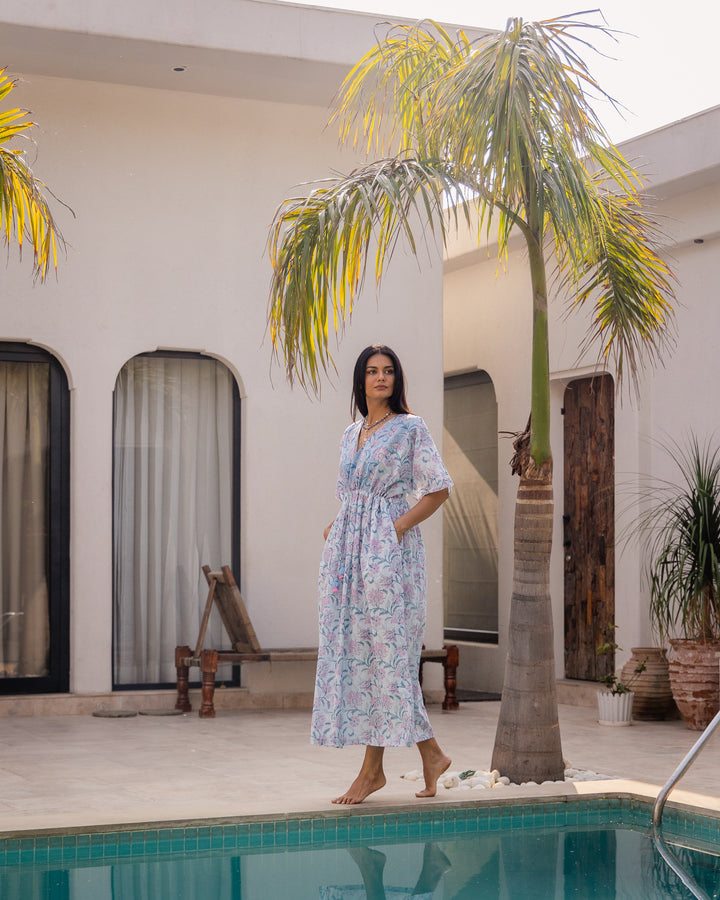 Tilly Stripe Champaca Maxi Kaftan Dress in Dusty Blue - Dilli Grey