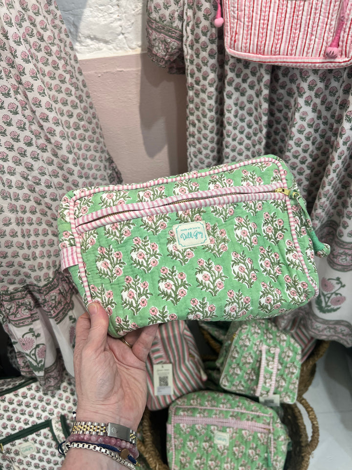 Mogra Double Zip Wash Bag In Sage & Pink