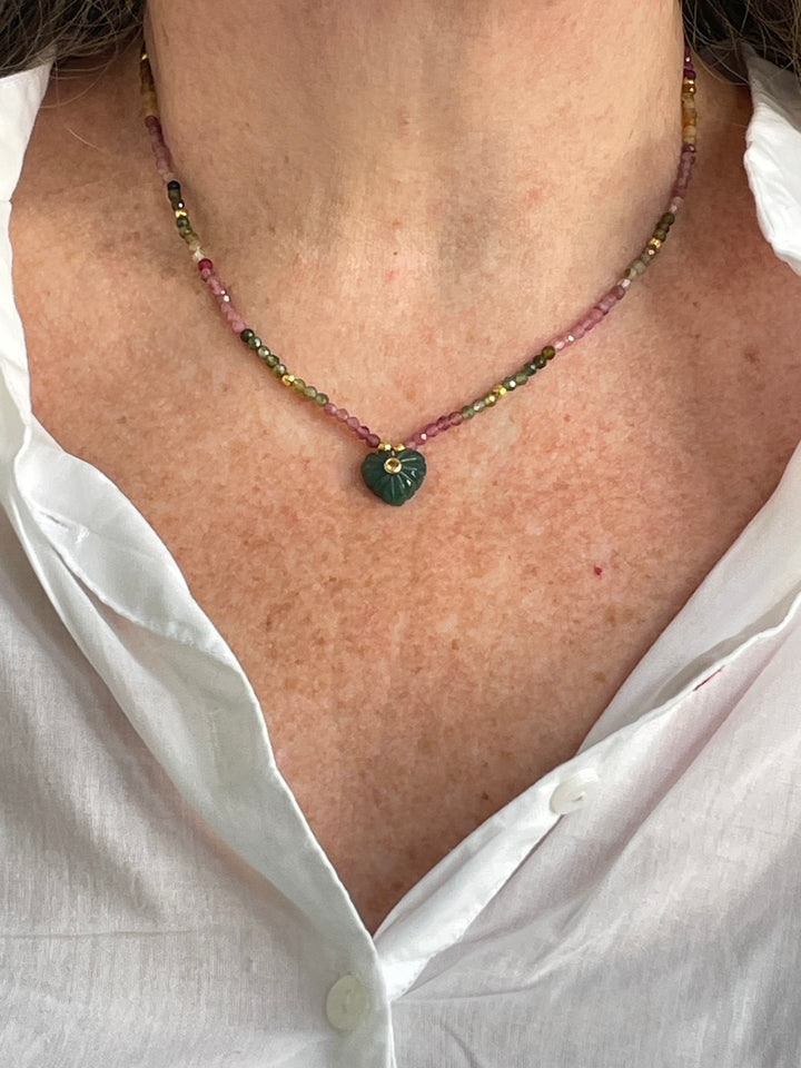Jaipur Carved Heart Necklace in Tourmaline & Aventurine