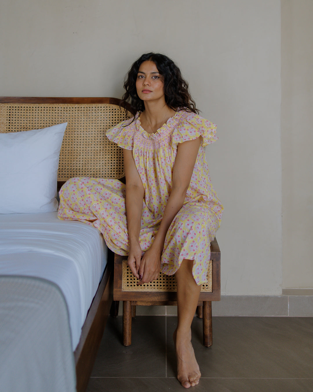 Mogra Smocked Nightie in Sunshine Yellow & Pink - Dilli Grey