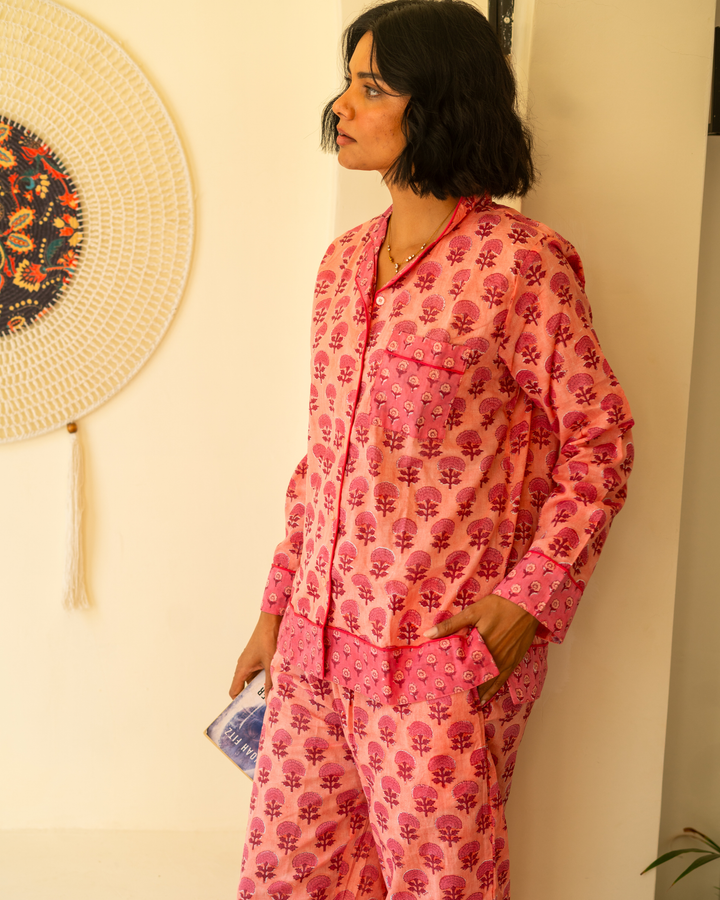Chadni Butta Long Sleeve PJ set in pomegranate - Dilli Grey