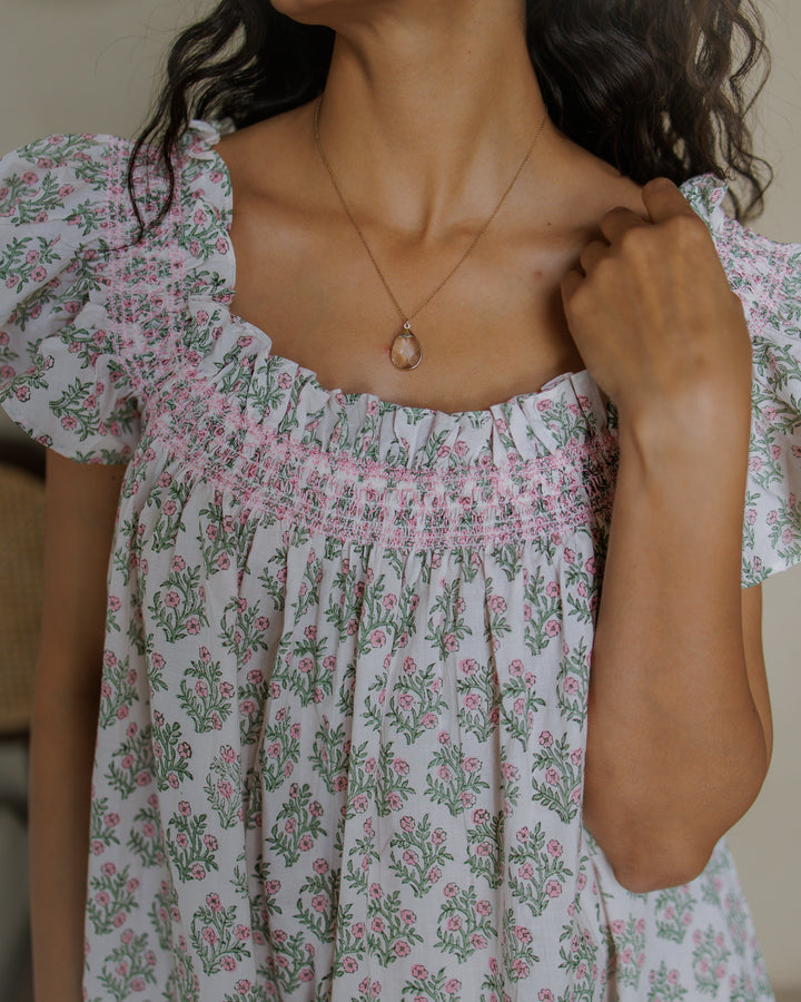 Mogra Smocked Nightie in White and Sage - Dilli Grey