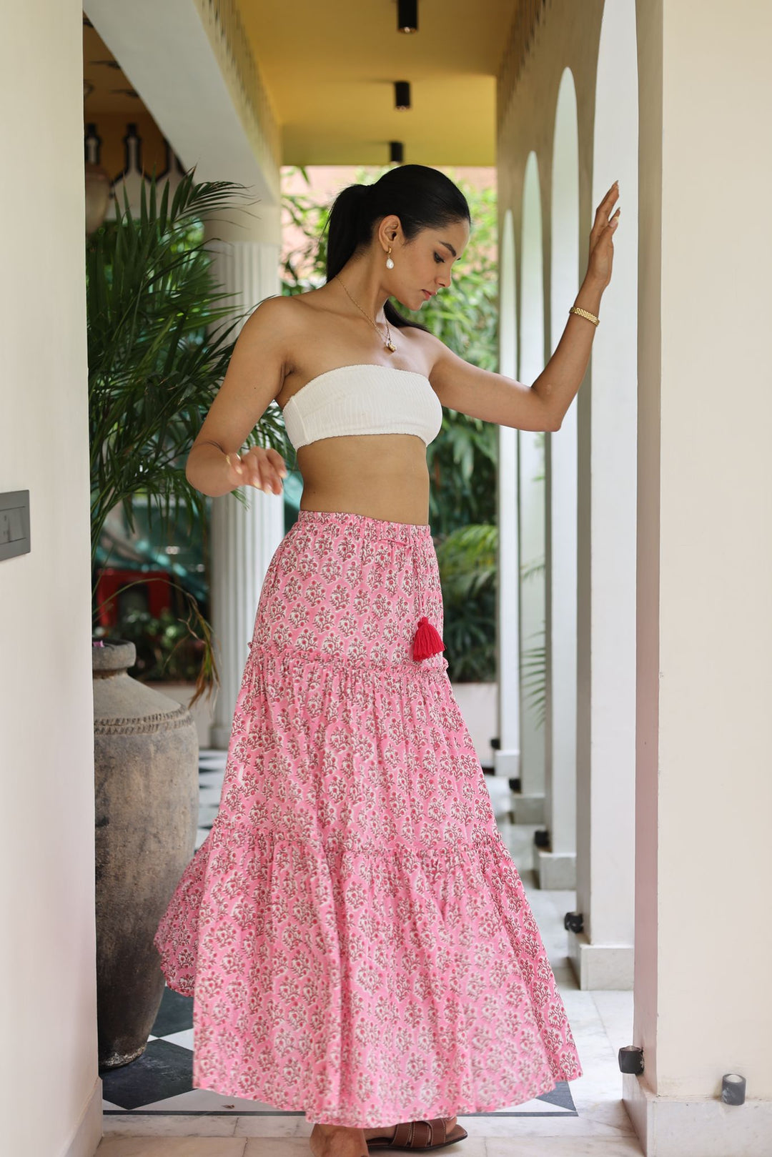 Maya maxi-tiered skirt in rani pink