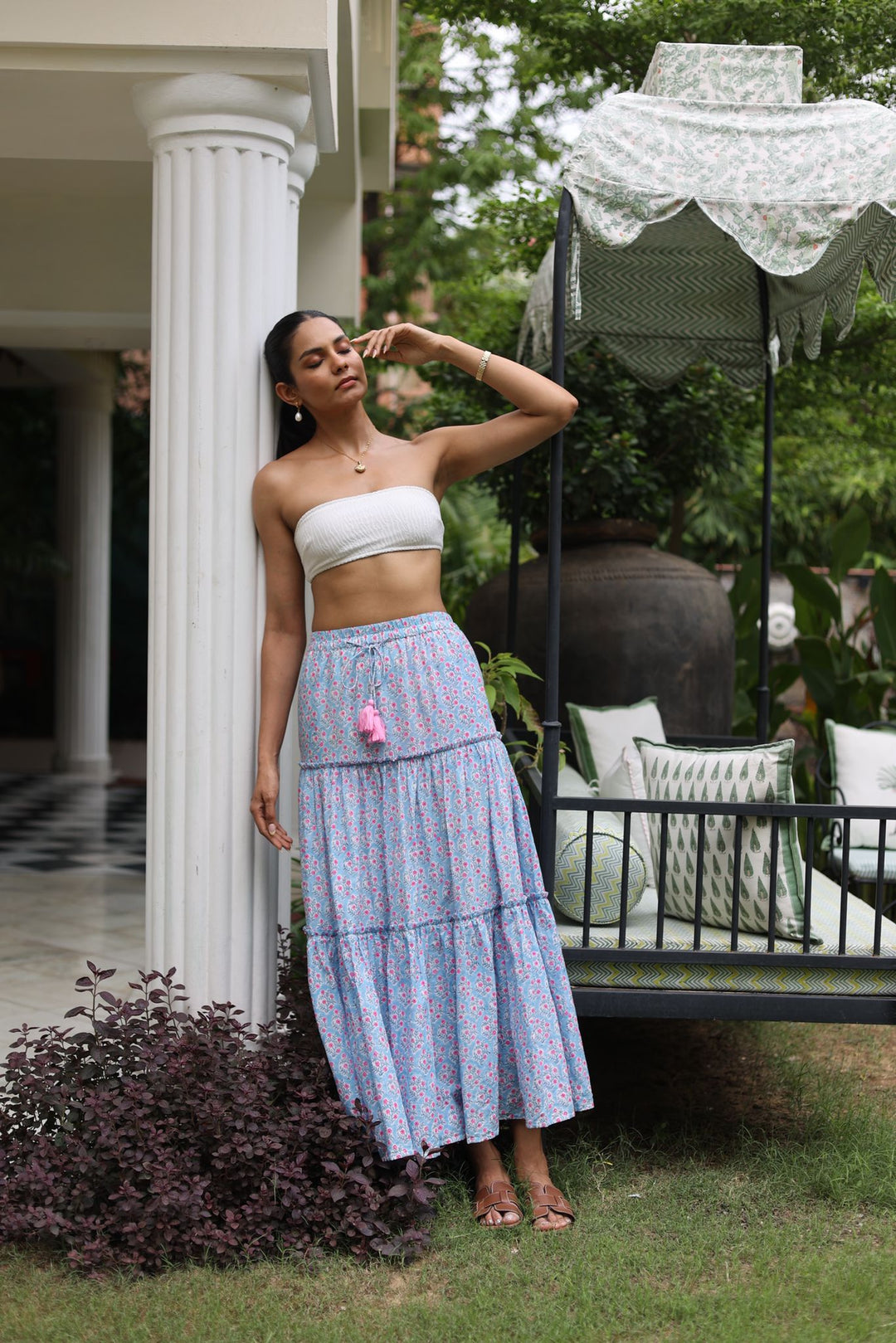 Maya maxi-tiered skirt in dusty blue