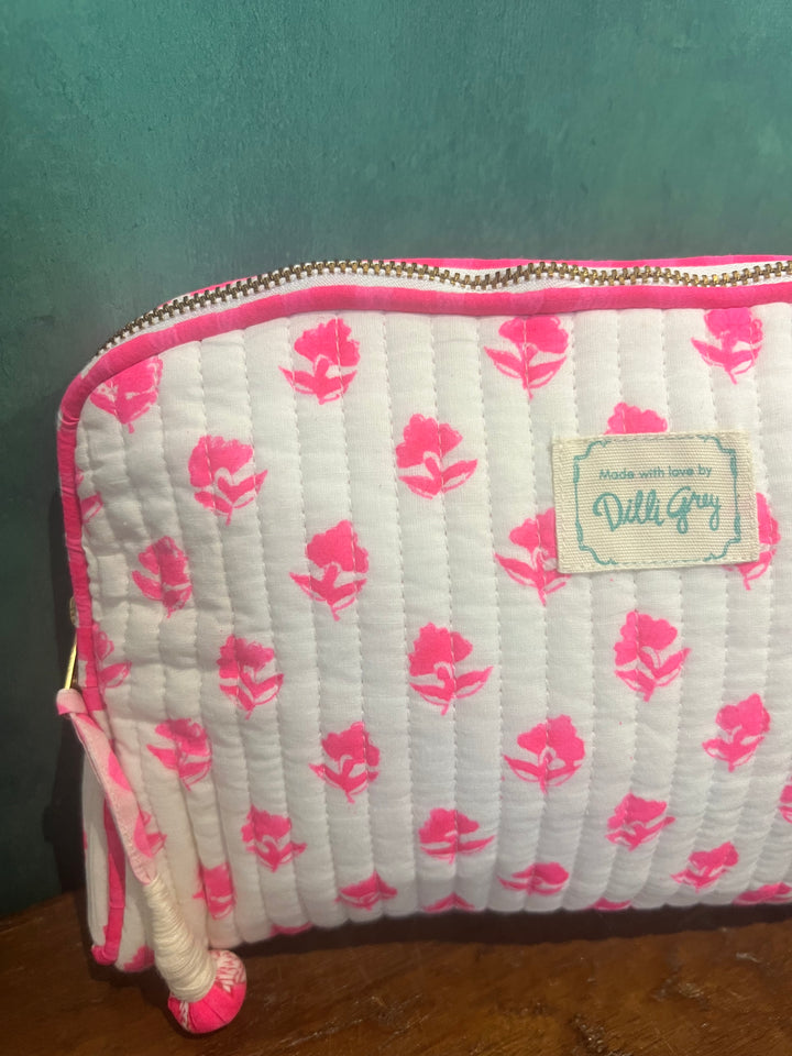 Neon pink ditsy Makeup Pouch