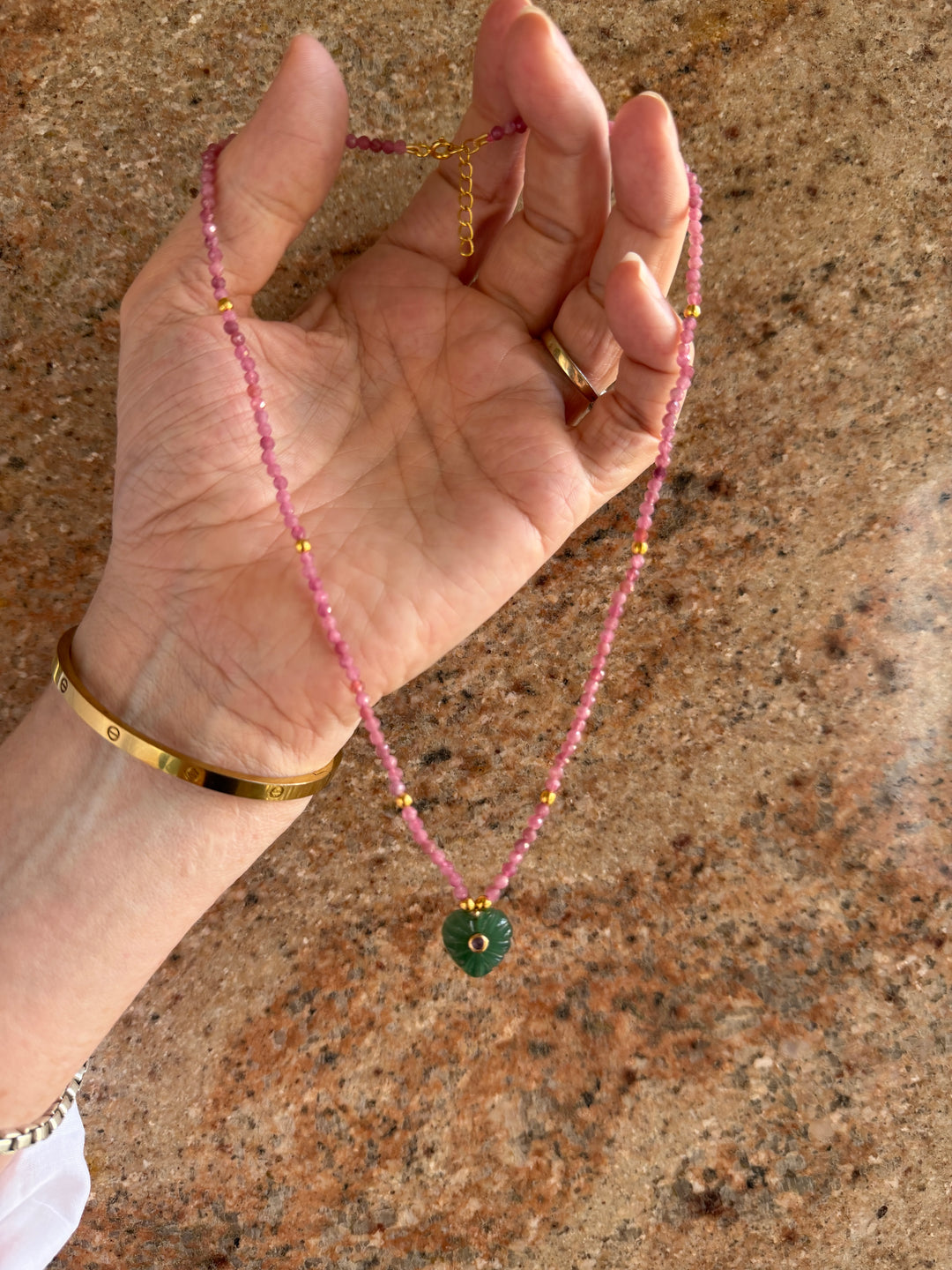 Jaipur Carved Heart Necklace in Aventurine & Pink Tourmaline  - SHIPS 9TH SEPTEMBER
