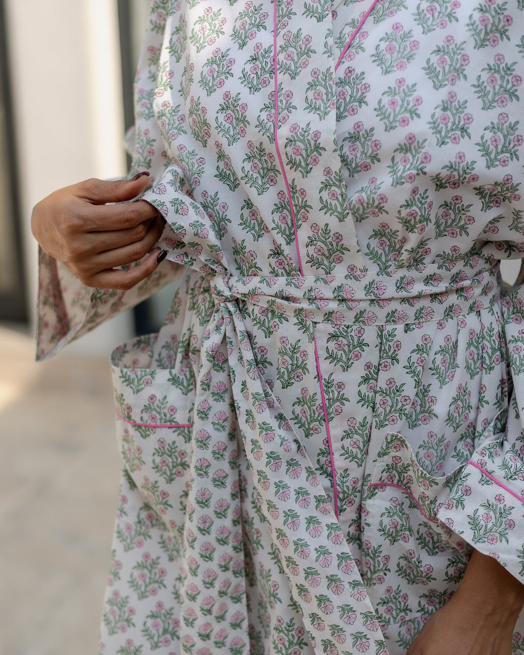 Mogra Robe in White and Sage - Dilli Grey