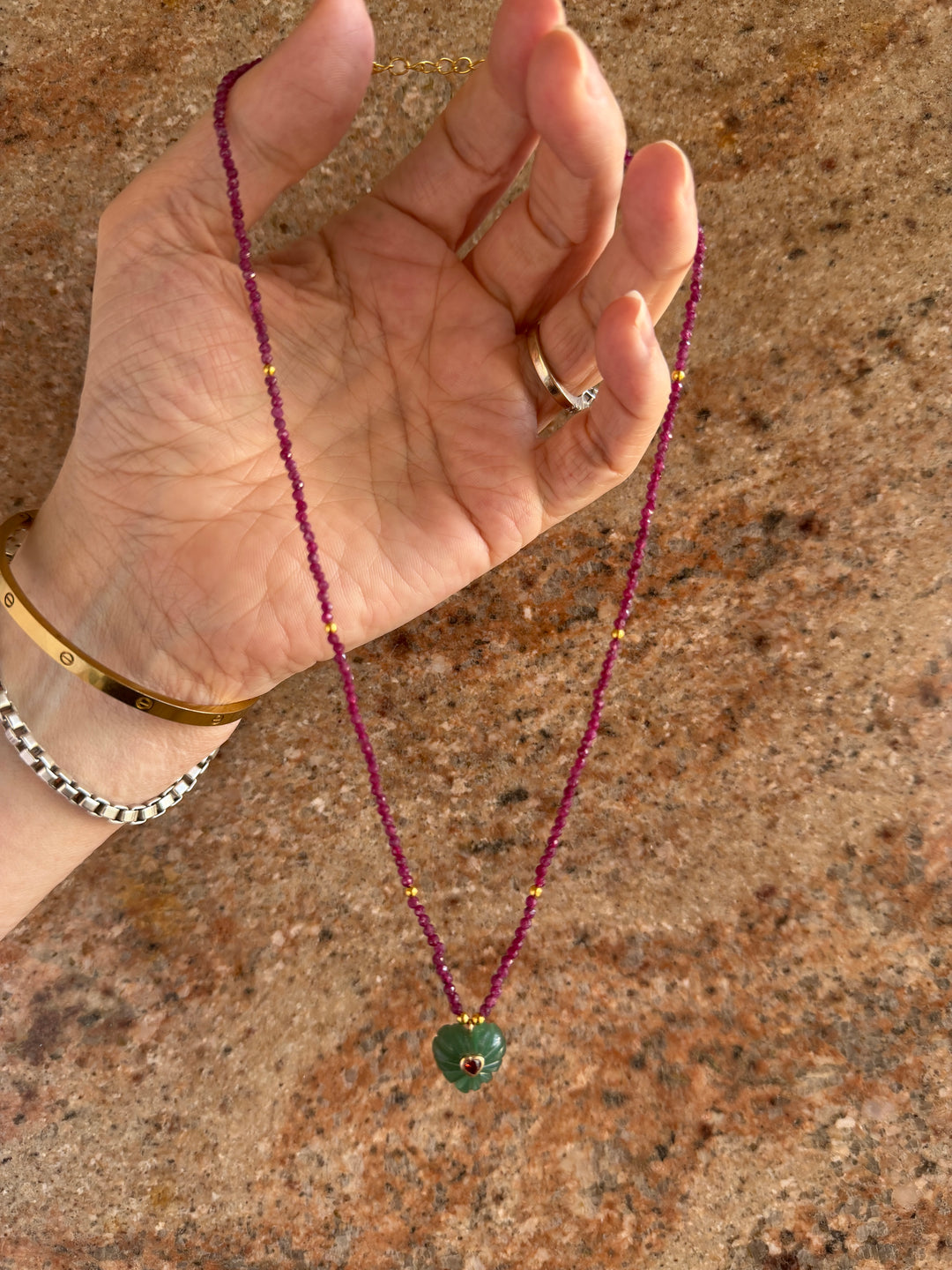 Jaipur Carved Heart Necklace in Aventurine & Ruby - SHIPS 9TH SEPTEMBER