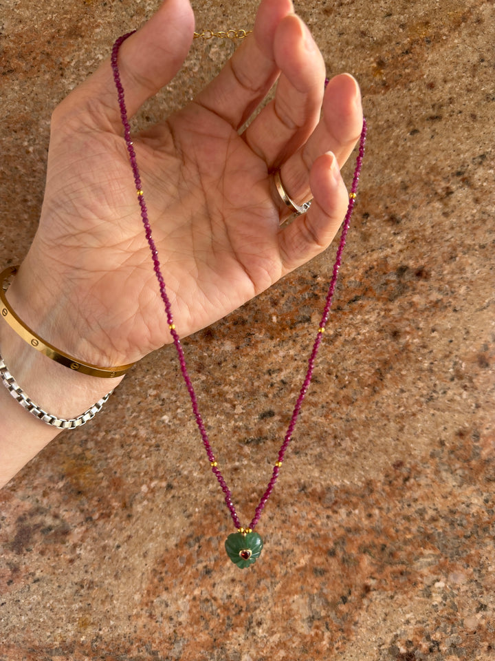 Jaipur Carved Heart Necklace in Aventurine & Ruby - SHIPS 9TH SEPTEMBER
