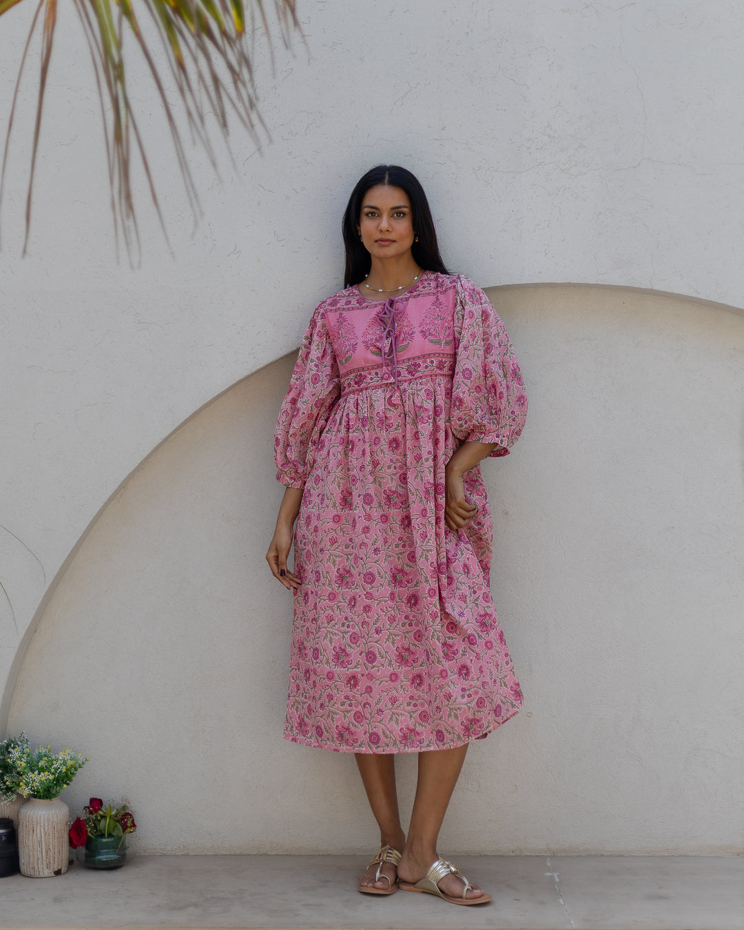 Farah Midi Dress in Jaipur Pink and Sage - Dilli Grey