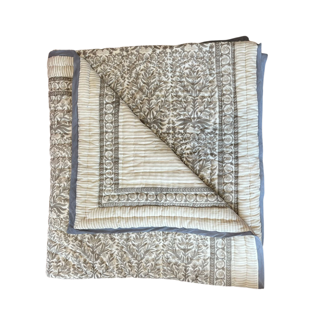 Soft Grey Maharani Hand-Block Printed Quilt