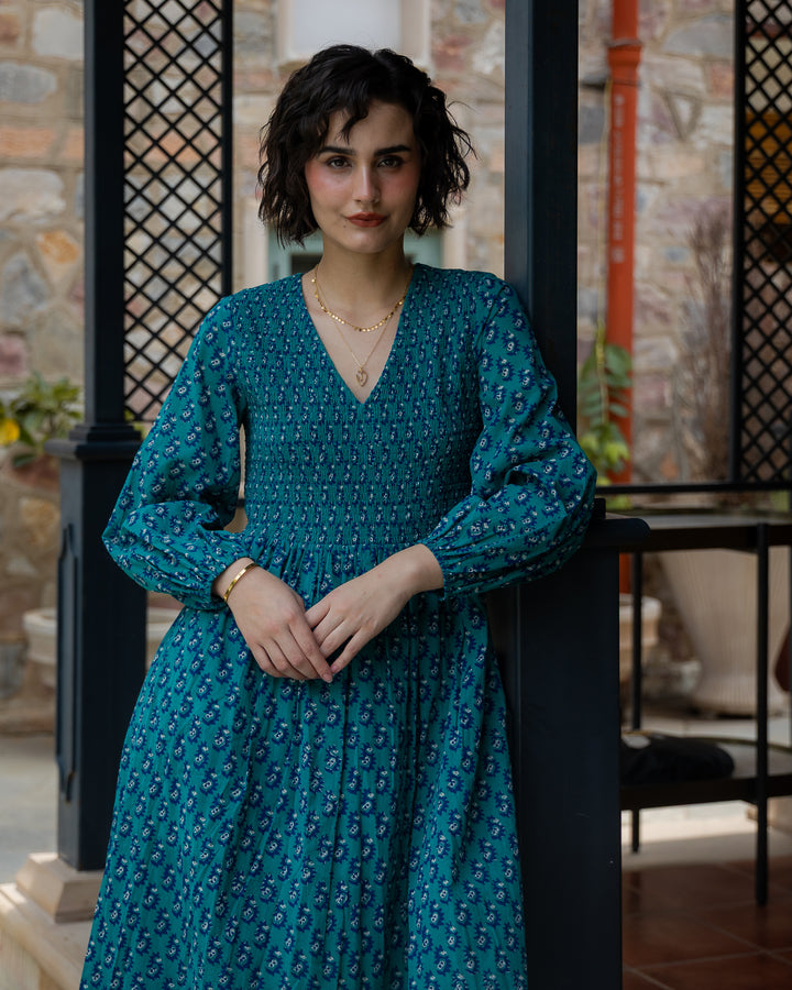 Belle Smocked Hand-Block Printed Midi Dress in Teal - delivery beg Nov