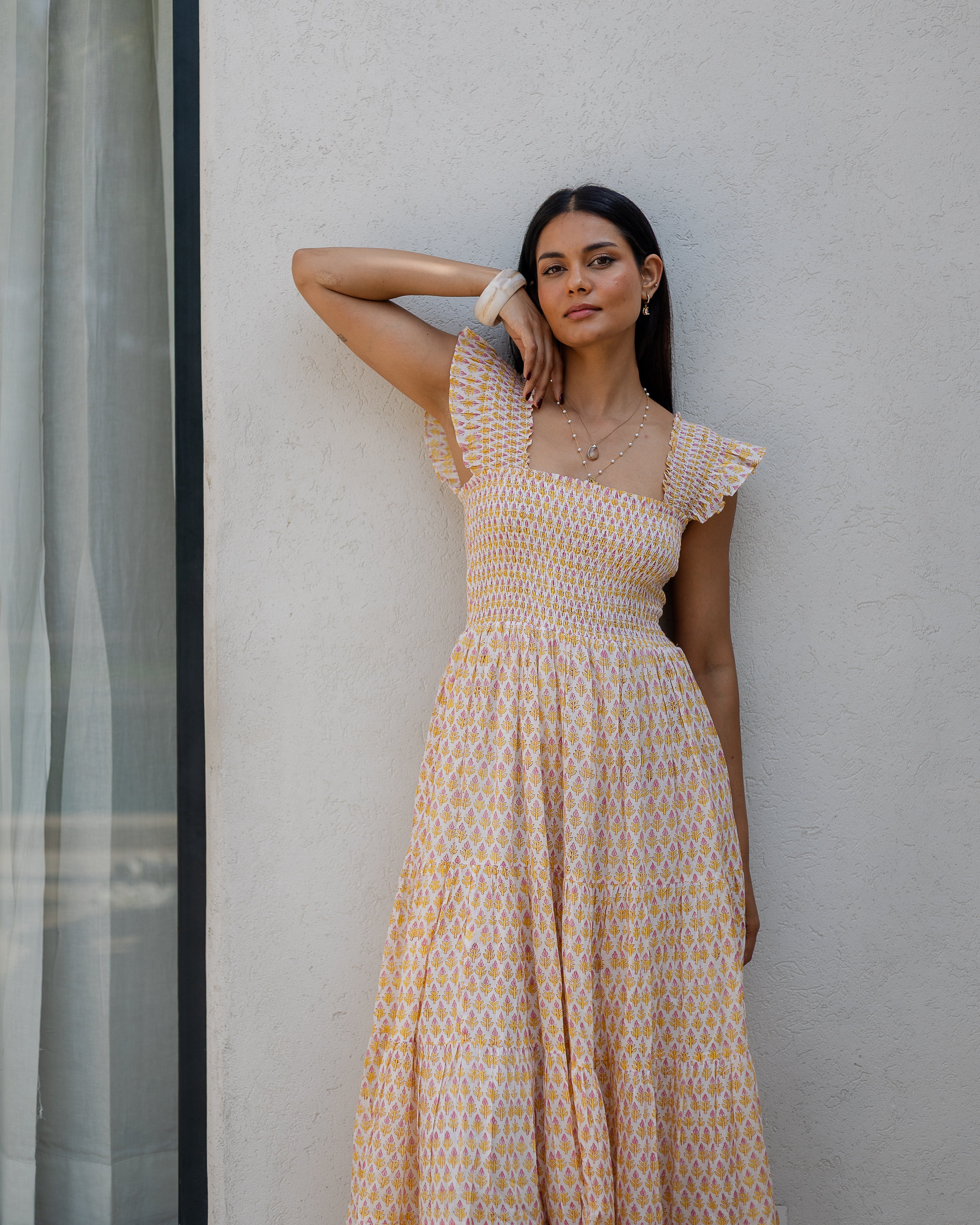 Tara Smocked Dress in sunshine yellow & pink - Dilli Grey