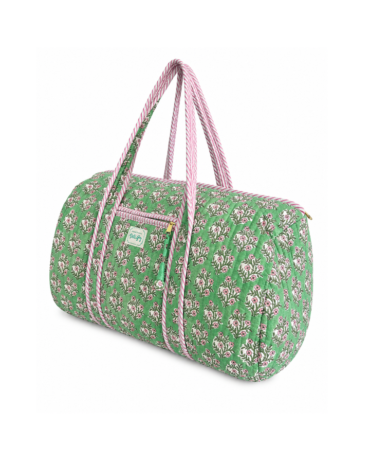 Mogra Quilted Weekend Bag in sage and pink