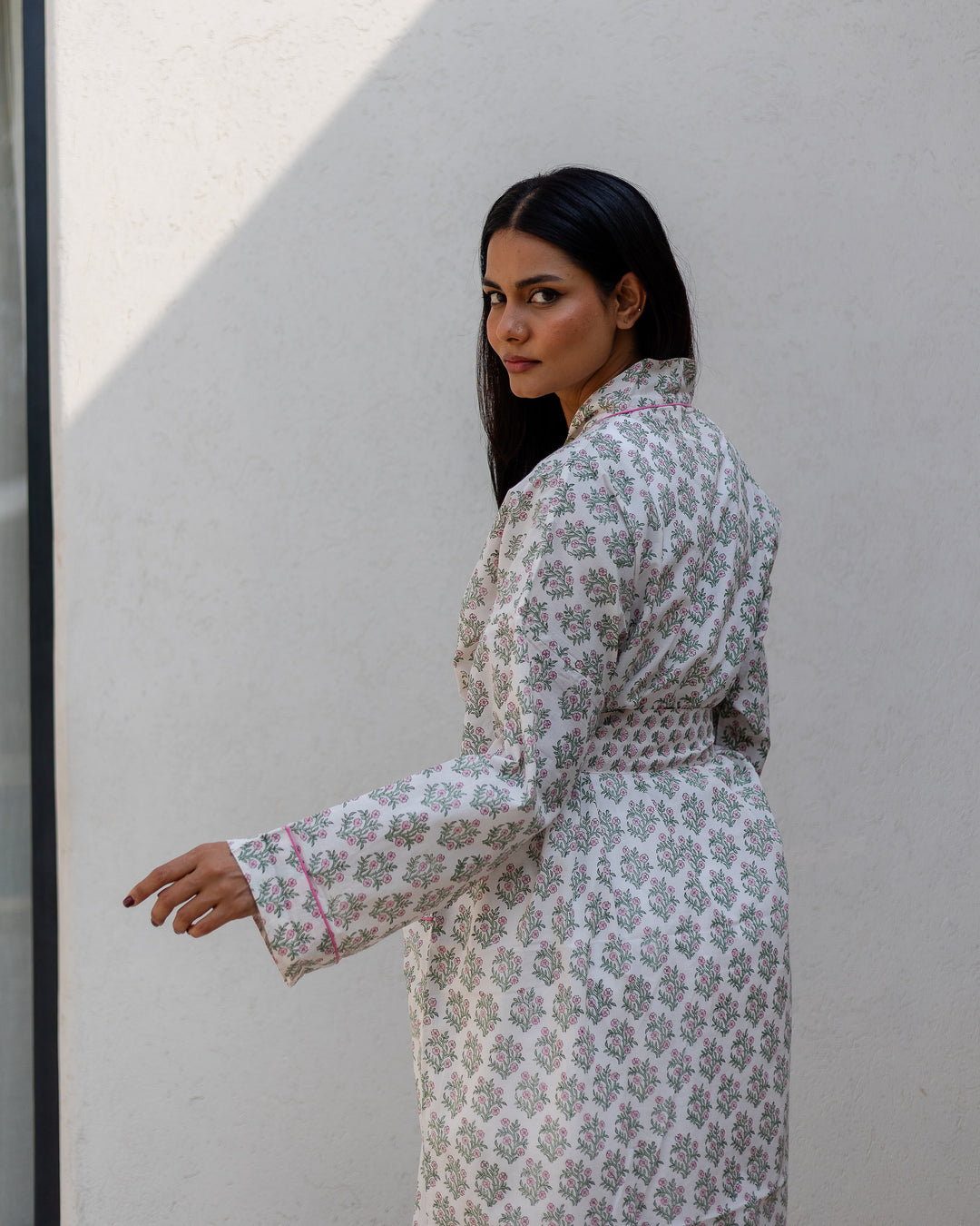 Mogra Robe in White and Sage - Dilli Grey